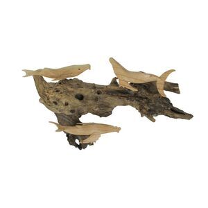 Carved Wood Humpback Whale Trio on Driftwood Base Wall Hanging